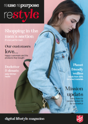 cover of first edition of restyle with a girl in denim jacket and green backpack