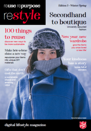 Edition 3 of Restyle magazine with winter background and woman wearing blue coat and grey hat