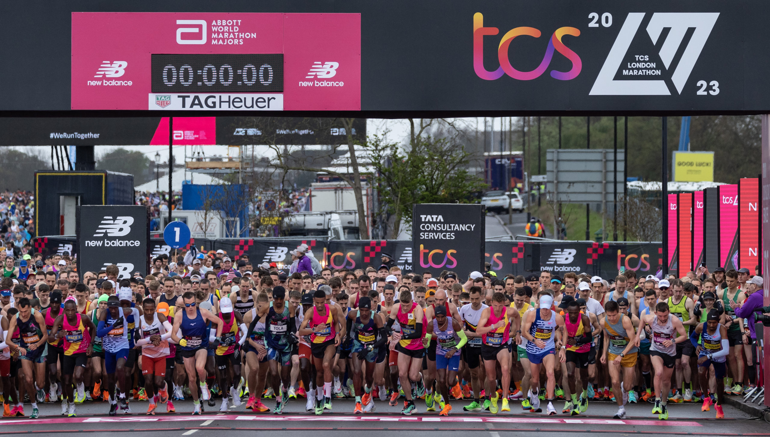 People taking off from the start line of the TCS London Marathon on Sunday 23rd April 2023.