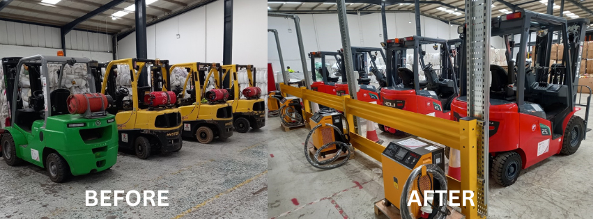 on the left - LPG gas forklifts (4, one green, three yelow). On the right - four electric forklifts (4 in total)