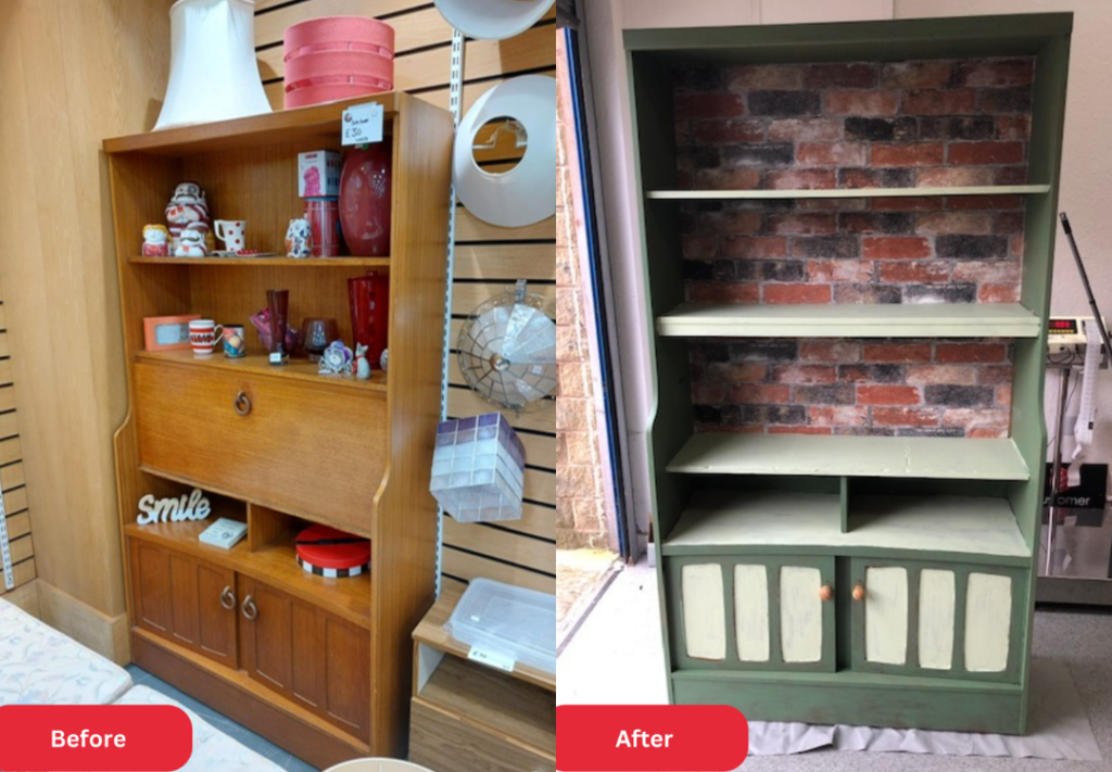 A before and after photo of an upcycled book case done by Johannes Witter, a volunteer at The Salvation Army donation centre in Burnley.