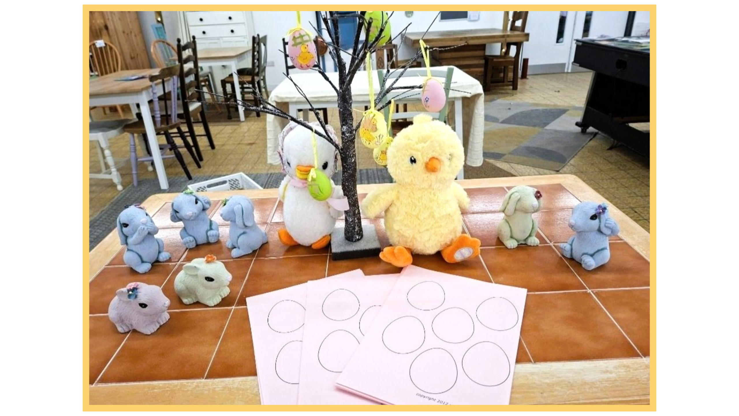 Salvation Army Chilwell Donation Centre Easter Table with colouring pages and decorations