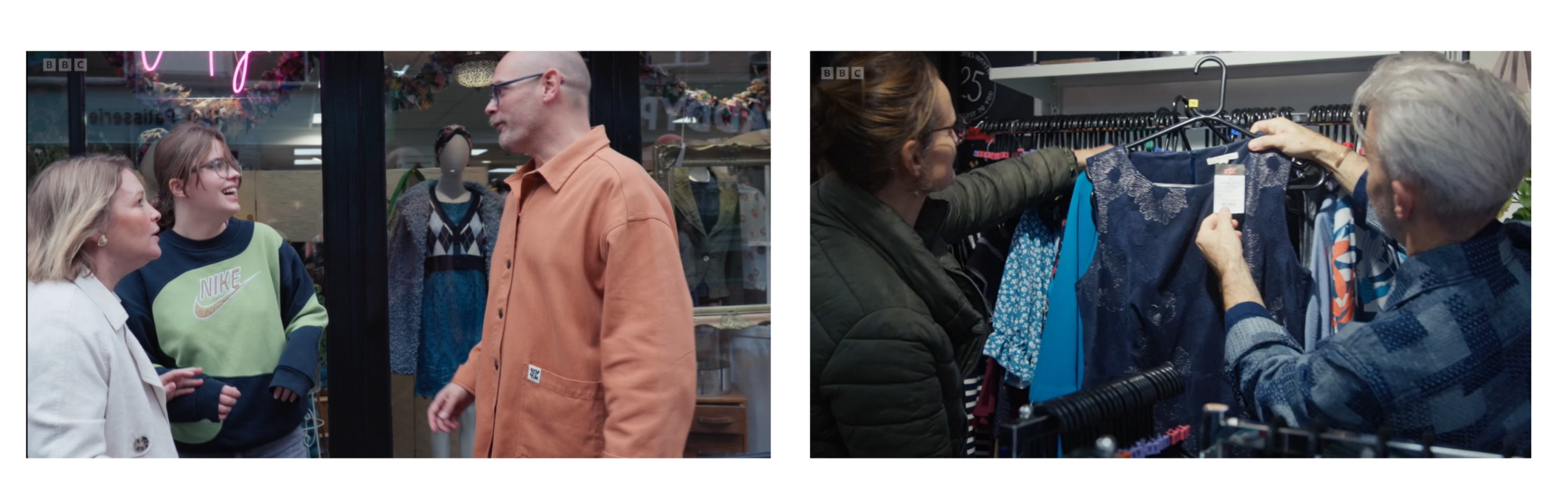 Experts working with participants. Left - Tom talking with Alice and Joanna, right - Liz and Terry selecting a dress.