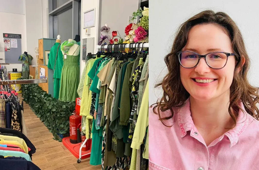 A photo collage, on the right is an interior photo of one of The Salvation Army's charity shops featuring rails of clothes, on the left is Nicole smiling into camera