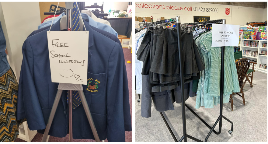 Two images of school uniforms on rails. On the left blue blazers and on the right skirts and dresses 