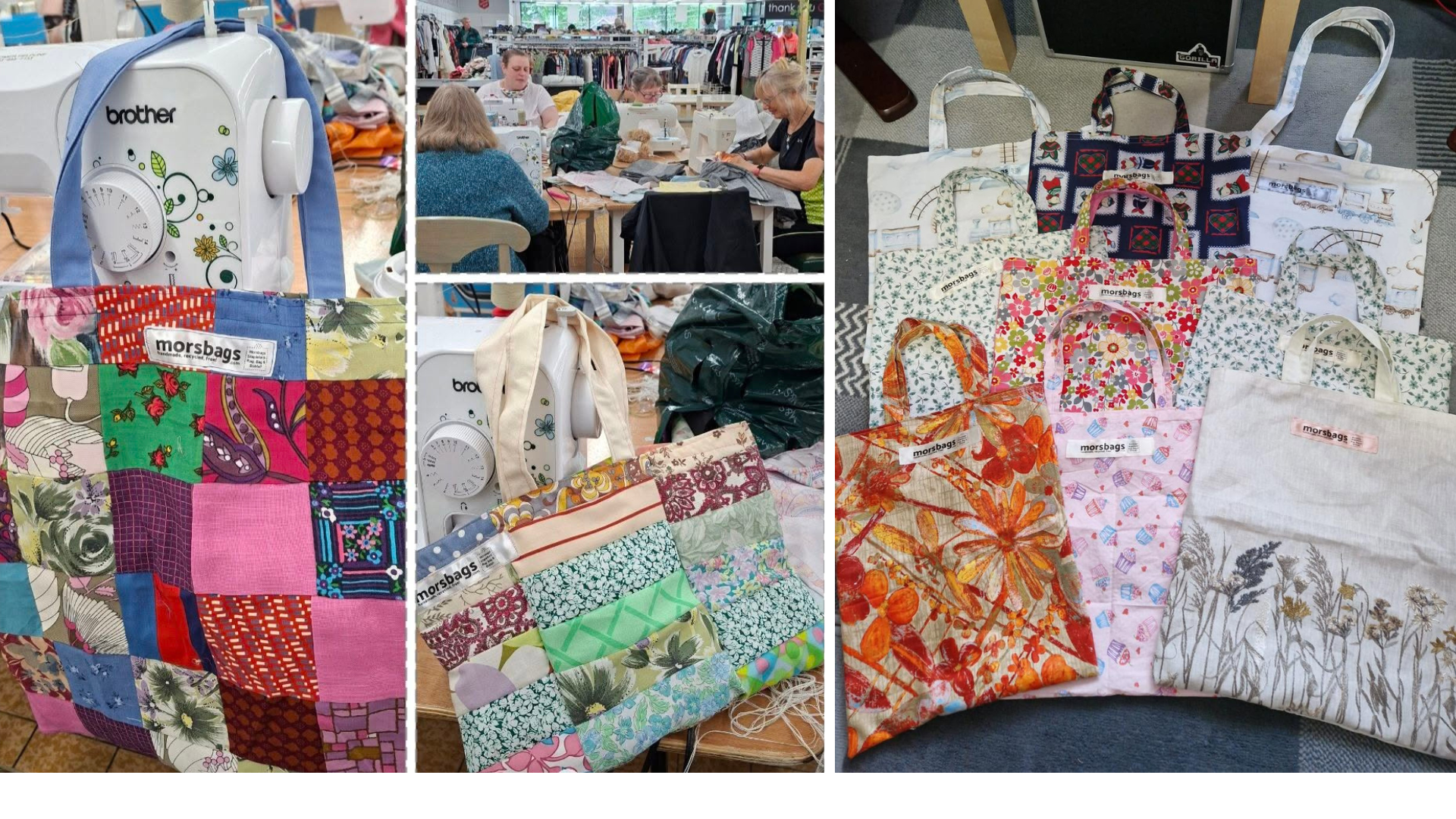 various images of upcycled fabric bags, with a sewing machine