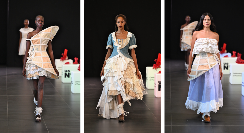 Three photos of models on a runway, featuring Victorian inspired garments