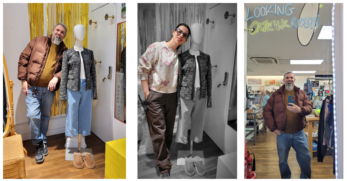Three photo collage, left - Salvation Army male colleague standing next to mannequin wearing charity shops clothes as part of the £10 outfit challenge. Middle - Salvation Army female colleague standing next to the same mannequin, wearing £10 outfit challenge clothes. Right - Salvation Army male colleague from left side photo, taking a selfie in the mirror.
