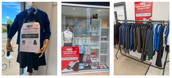 Three photos show school uinforms in shop displays