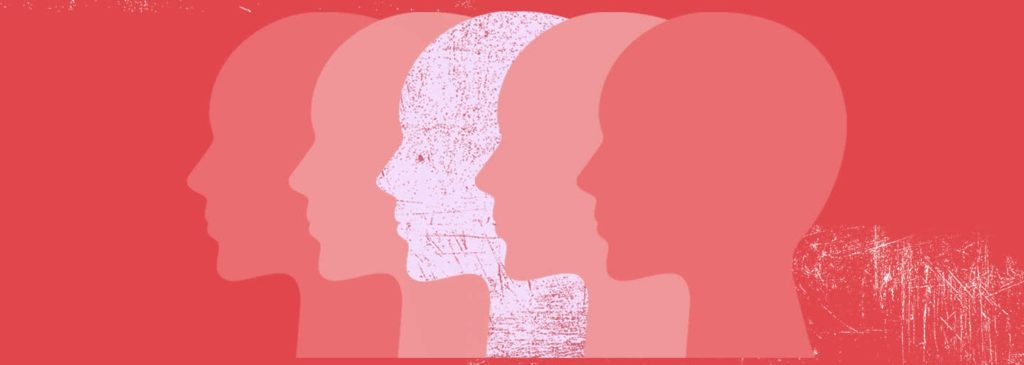 Silhouettes of faces in different shades of red