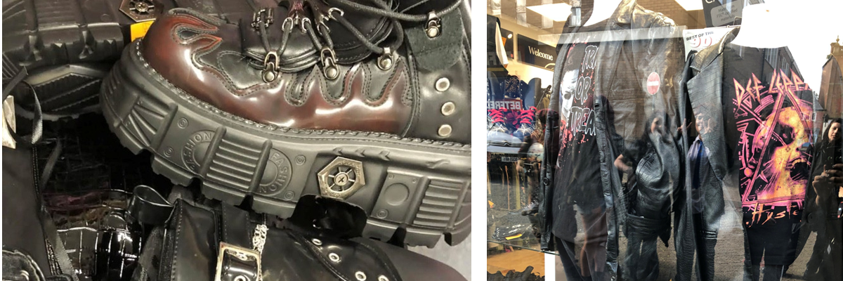 Two images. On the left picture of gothic shoes, on right window display with mannequins wearing alternative clothing