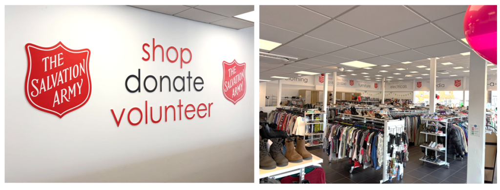 Two images of Salvation Army donation centre in Taunton. On left, image of 'shop, donate, volunteer' signage on the wall, on right picture of store clothing rails instore